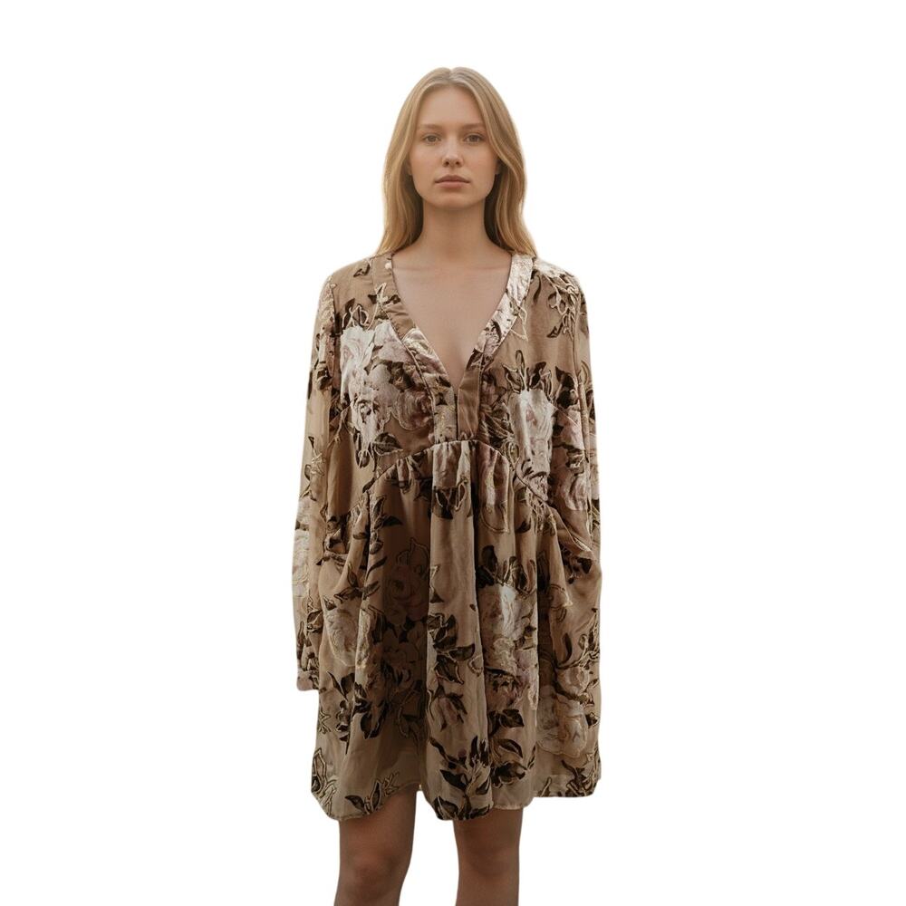 Free People Velvet Tunic Dress Womens Xsmall Taupe Pink Floral